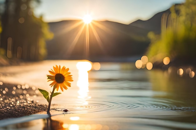 Un tournesol dans une rivière avec le coucher de soleil derrière lui