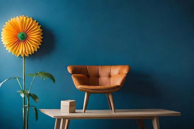 Un tournesol est sur un mur bleu avec une plante dans le coin.