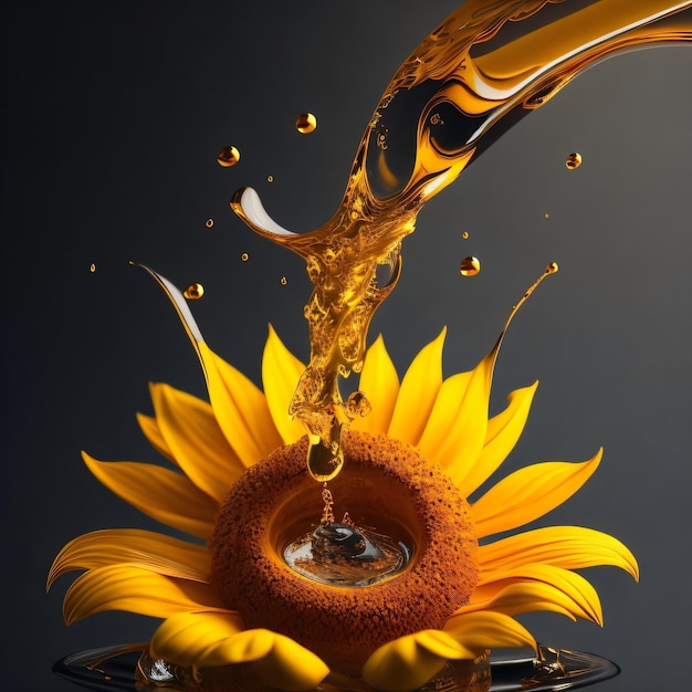 Un tournesol est versé dans une assiette avec une goutte d'eau.