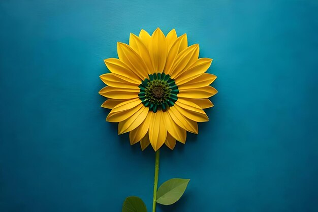 Un tournesol sur fond bleu avec un centre vert.