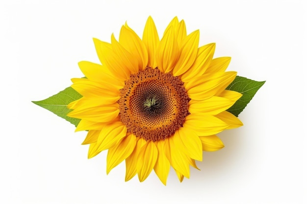 Tournesol jaune vif avec des feuilles vertes sur un fond blanc sur une surface blanche ou claire PNG Arrière-plan transparent