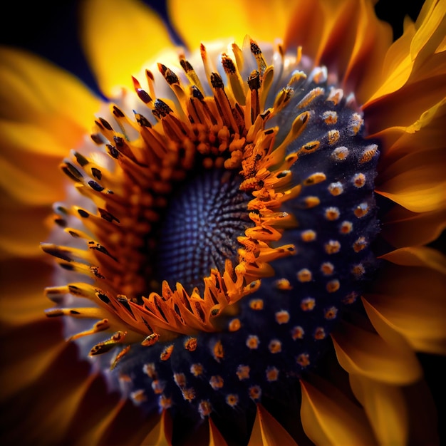 Tournesol macro sur fond noir Ai générative