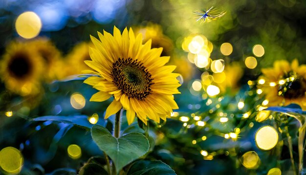 un tournesol avec une mouche qui vole au-dessus