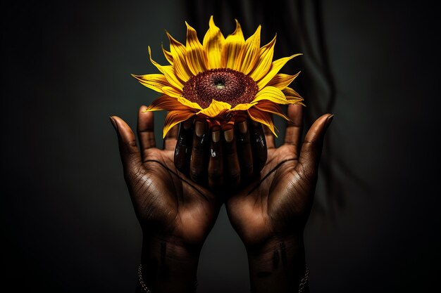 Le tournesol avec une paire de mains qui en fait une couronne