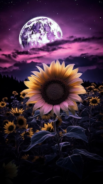 Photo un tournesol violet avec la lune en arrière-plan.