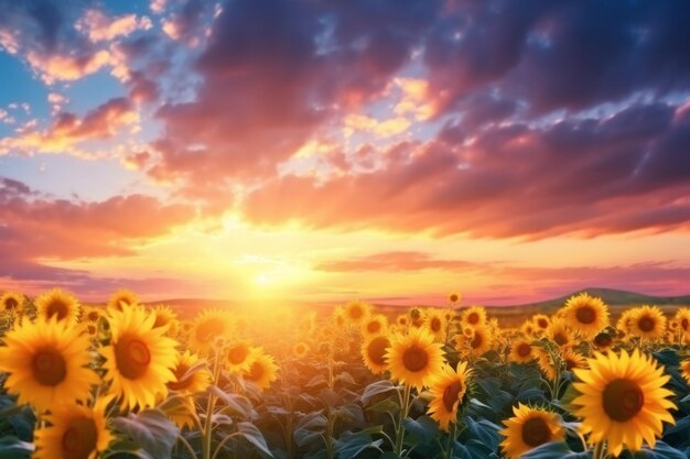 Des tournesols au coucher du soleil