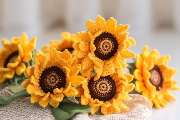 Tournesols au crochet sur une table