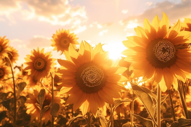 Des tournesols baisés debout dans un feu doré