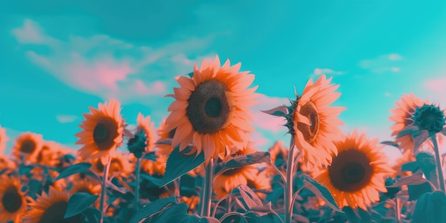 Tournesols dans un champ avec un ciel bleu