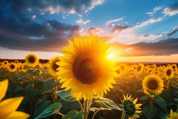 Les tournesols dans le champ avec le coucher de soleil AI générative