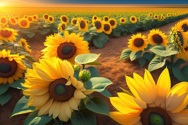 Tournesols dans un champ avec le soleil derrière eux