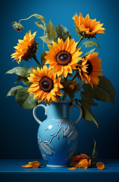 Photo des tournesols dans un vase bleu sur un fond bleu images générées par ai