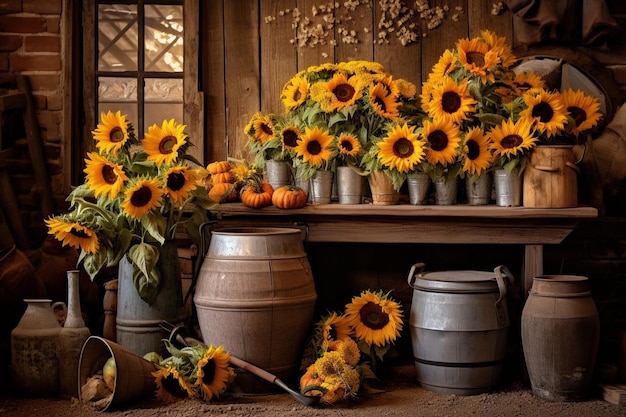 Photo tournesols sur une étagère avec une porte en bois derrière eux.