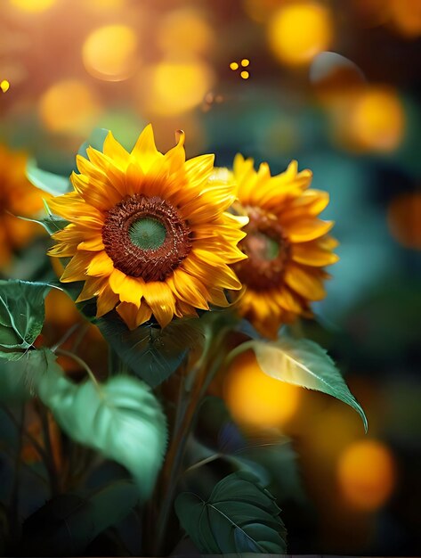 Photo les tournesols avec un fond brillant de bokeh génératifs ai