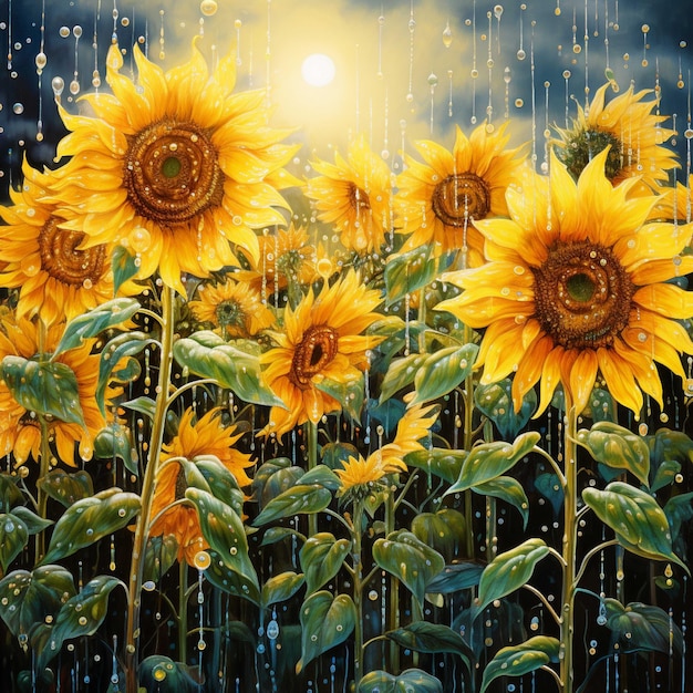 Des tournesols et des gouttes de pluie sur le fond du soleil