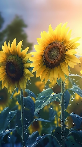 Tournesols en gros plan avec fond de gouttelettes d'eau Fond d'écran d'été Ai généré