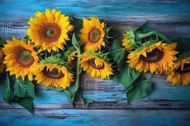 Tournesols jaunes sur fond de bois rustique bleu