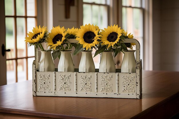 Photo des tournesols rangés dans une cruche à lait