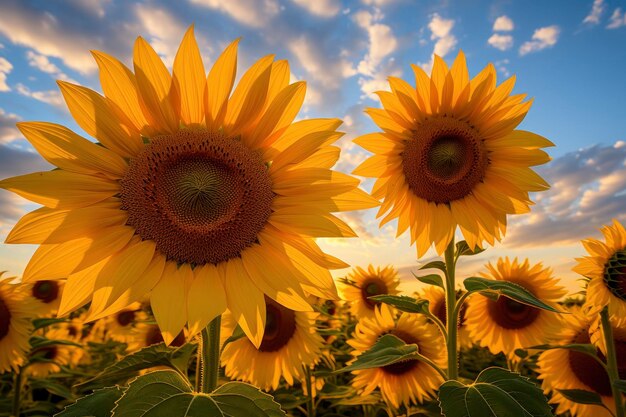 Tournesols se tournant vers le soleil dans la douce lumière du matin