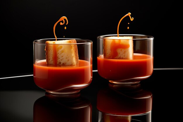 La tournure moderne dévoile la gastronomie moléculaire de la soupe de tomate et du fromage grillé