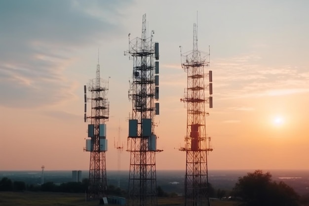 Tours cellulaires 5G pour téléphone mobile intelligent sur fond de ciel