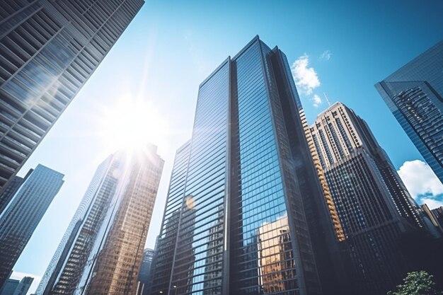 Des tours modernes ou des gratte-ciel dans le quartier financier avec des nuages un jour ensoleillé à Chicago