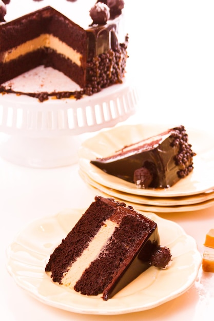 Tourte aux truffes au caramel salé avec des couches de gâteau au chocolat fourrées de mousse au caramel salé, recouvertes de chocolat.