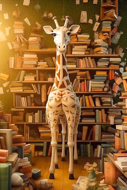 Tout le corps de la girafe avec une pile de livres isole l'arrière-plan de la forêt généré par Ai