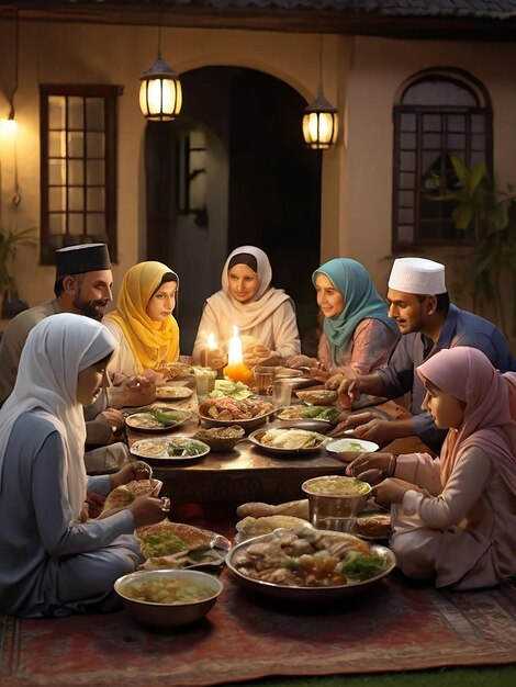 Photo tout le monde dans la famille mange l'iftar ensemble