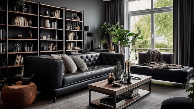 Photo tout noir élégant et confortable intérieur salon avec rideaux noirs et canapé