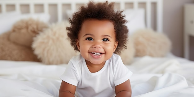 Tout-petit africain souriant assis sur le lit à l'intérieur