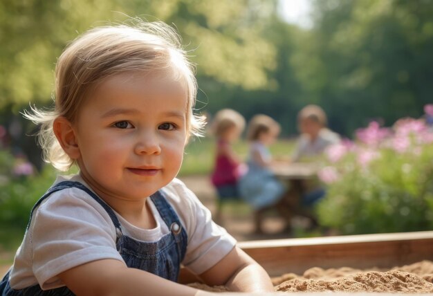 Un tout-petit aime jouer dans le sable avec une expression concentrée et curieuse dans un parc ensoleillé