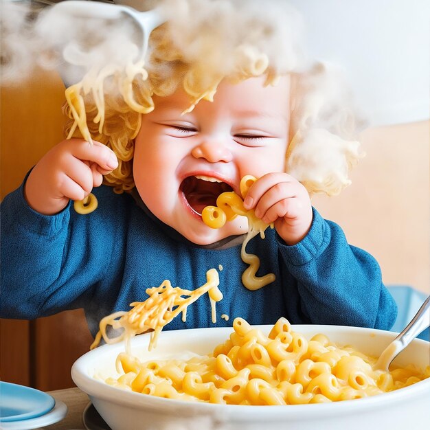 un tout-petit buvant joyeusement un bol de vapeur générée par