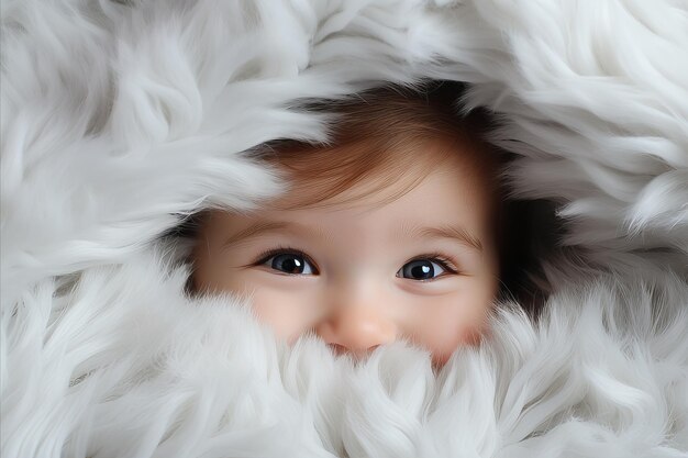 Photo un tout-petit curieux aux yeux bleus regarde de sous une couverture blanche et douce avec un espace de texte et un potentiel créatif.