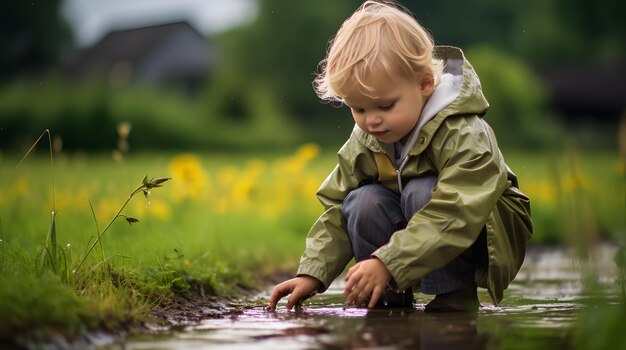 Photo un tout-petit dans un imperméable découvrant des vers après la pluie