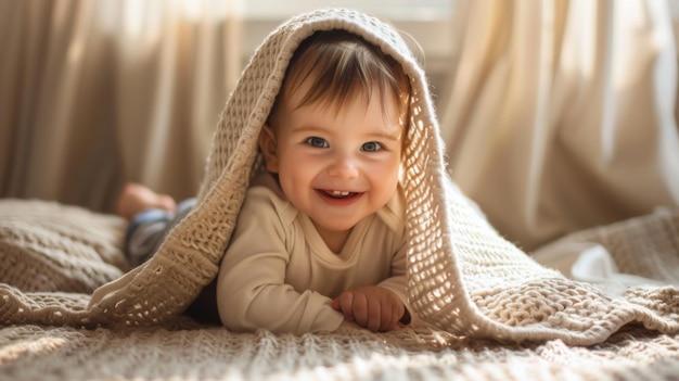 Photo un tout-petit enjoué joue au peek-a-boo derrière une couverture douce leur rire remplissant la pièce de joie