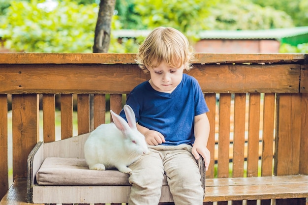 Tout-petit garçon caresse et joue avec le lapin dans le zoo pour enfants. concept de durabilité, amour de la nature, respect du monde et amour des animaux. Écologique, biologique, végétalien, végétarien.