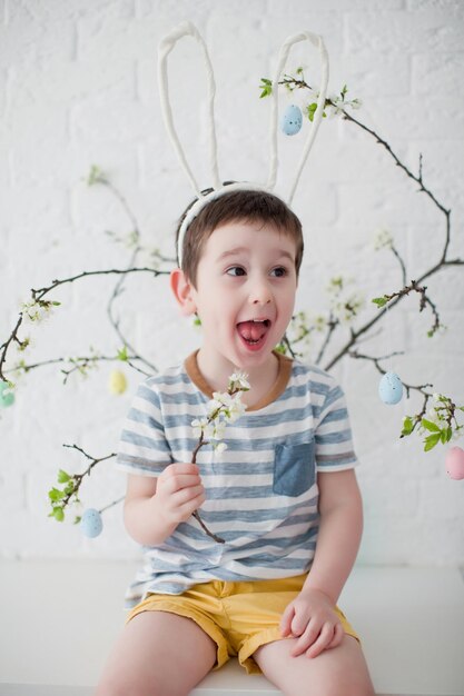 Tout-petit garçon caucasien avec des oreilles de lapin drôles près de l'arbre de pâques avec des oeufs colorés sur fond blanc