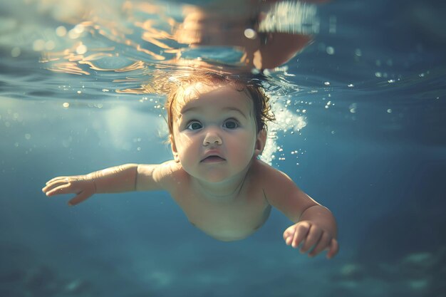 Un tout-petit heureux s'amuse sous l'eau dans la piscine azur.