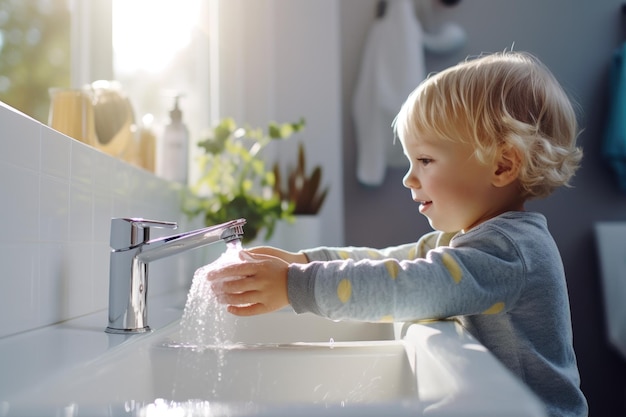 Un tout-petit joue joyeusement avec de l'eau à l'évier.