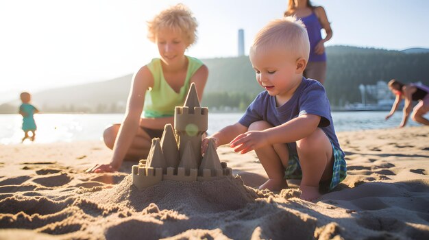 un tout-petit et un parent construisent un château de sable sur la plage