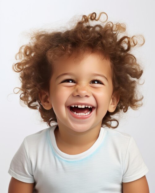 Un tout-petit qui rit dans un t-shirt blanc