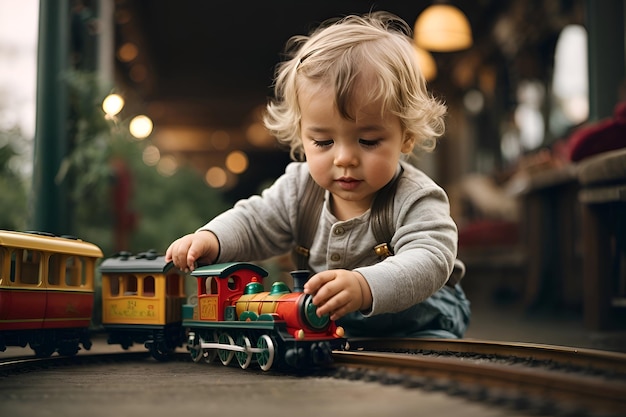 Un tout-petit satisfait découvrant un monde de plaisir avec un train jouet