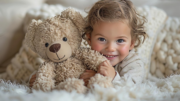 Un tout-petit souriant en serrant dans ses bras un ours en peluche amical