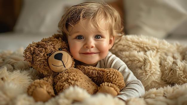 Un tout-petit souriant en serrant dans ses bras un ours en peluche amical