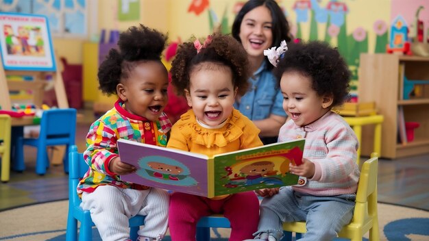 Les tout-petits lisent un livre à l'école maternelle