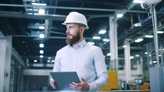 Tout en tenant un ordinateur portable, l'ingénieur en chef dans un casque dur se promène dans une usine moderne et légère IA générative qui fonctionne