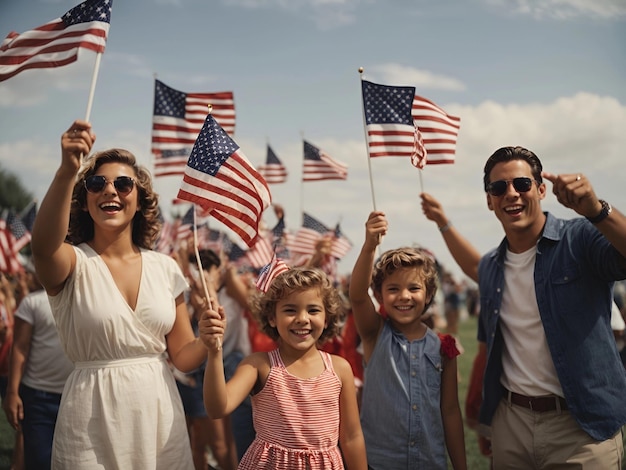 Toute la famille américaine célèbre en agitant le drapeau des États-Unis