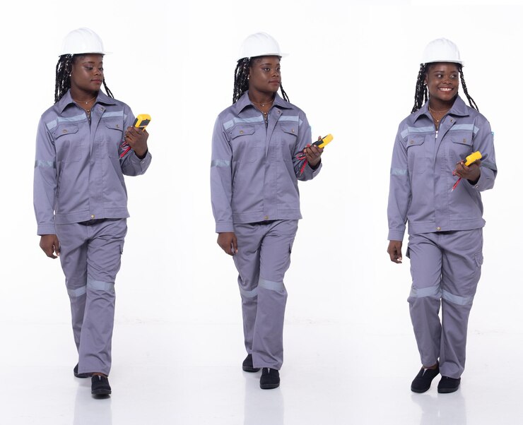 Toute la longueur des années 20 jeune femme afro-américaine électricien industriel marchant vers l'avant gauche droite