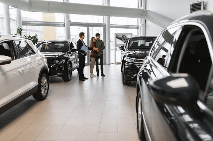 Photo toute la longueur d'un couple du millénaire choisissant une nouvelle voiture en discutant avec un vendeur d'automobiles au véhicule